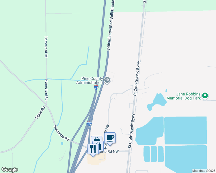 map of restaurants, bars, coffee shops, grocery stores, and more near 635 Northridge Drive Northwest in Pine City
