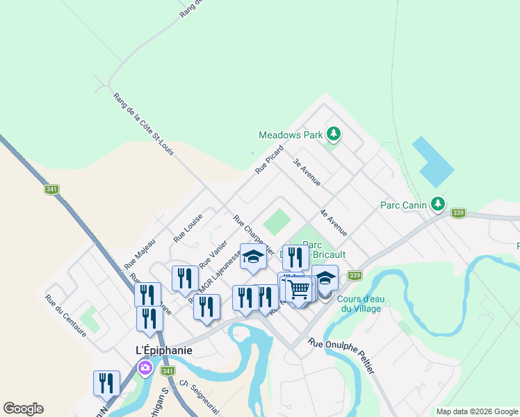 map of restaurants, bars, coffee shops, grocery stores, and more near 98 5e Avenue in L'Épiphanie