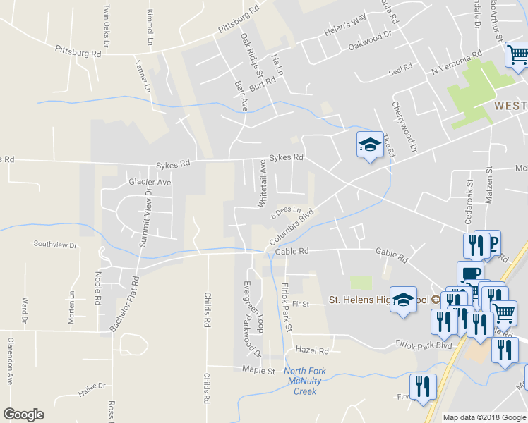 map of restaurants, bars, coffee shops, grocery stores, and more near 35066 Whitetail Avenue in Saint Helens