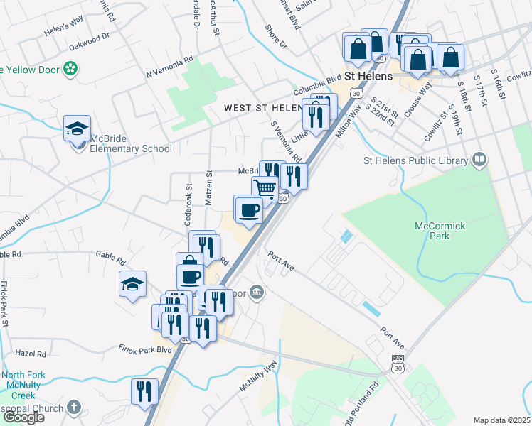 map of restaurants, bars, coffee shops, grocery stores, and more near 519 South Columbia River Highway in St. Helens