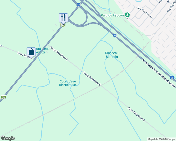 map of restaurants, bars, coffee shops, grocery stores, and more near 1750 5e Rang Est in Drummondville