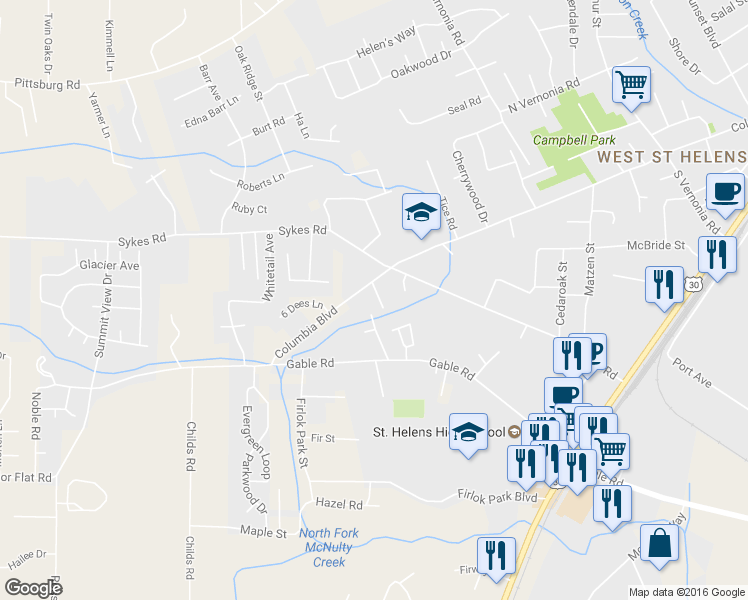 map of restaurants, bars, coffee shops, grocery stores, and more near 59139 Oak Glenn Drive in Saint Helens