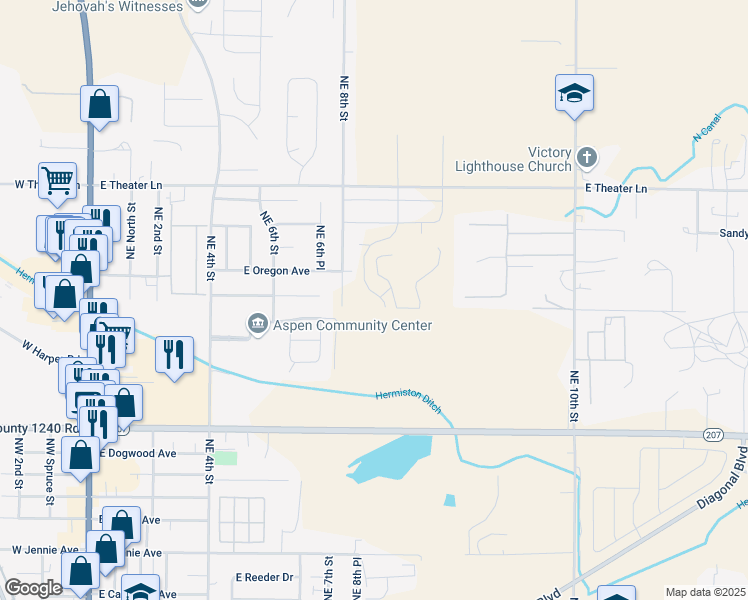 map of restaurants, bars, coffee shops, grocery stores, and more near 677 East Browning Avenue in Hermiston