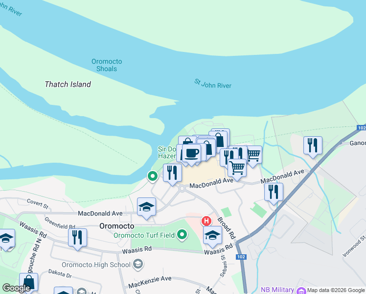 map of restaurants, bars, coffee shops, grocery stores, and more near 15 Wharf Road in Oromocto