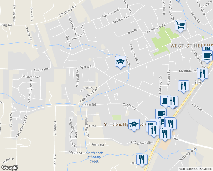 map of restaurants, bars, coffee shops, grocery stores, and more near 59149 Oak Glenn Drive in Saint Helens