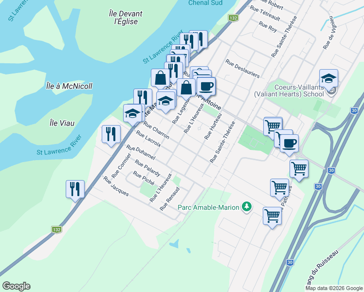 map of restaurants, bars, coffee shops, grocery stores, and more near 609 Rue Charron in Contrecoeur