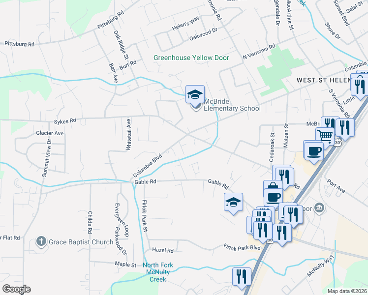 map of restaurants, bars, coffee shops, grocery stores, and more near 59130 Oak Glen Avenue in St. Helens