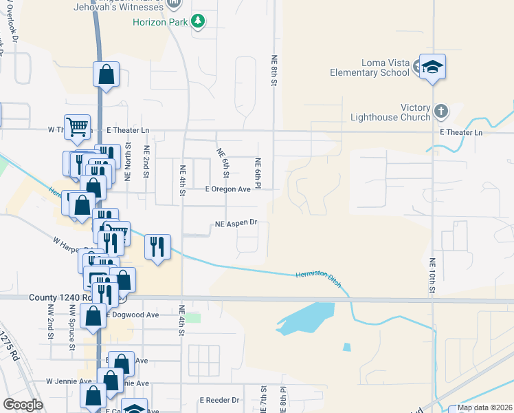 map of restaurants, bars, coffee shops, grocery stores, and more near 677 East Browning Avenue in Hermiston