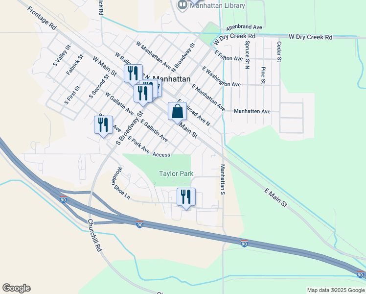 map of restaurants, bars, coffee shops, grocery stores, and more near 215 East Gallatin Avenue in Manhattan
