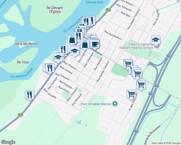 map of restaurants, bars, coffee shops, grocery stores, and more near 720 Rue Perreault in Contrecoeur