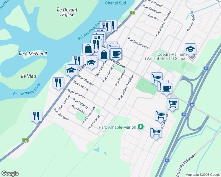 map of restaurants, bars, coffee shops, grocery stores, and more near 720 Rue Perreault in Contrecoeur