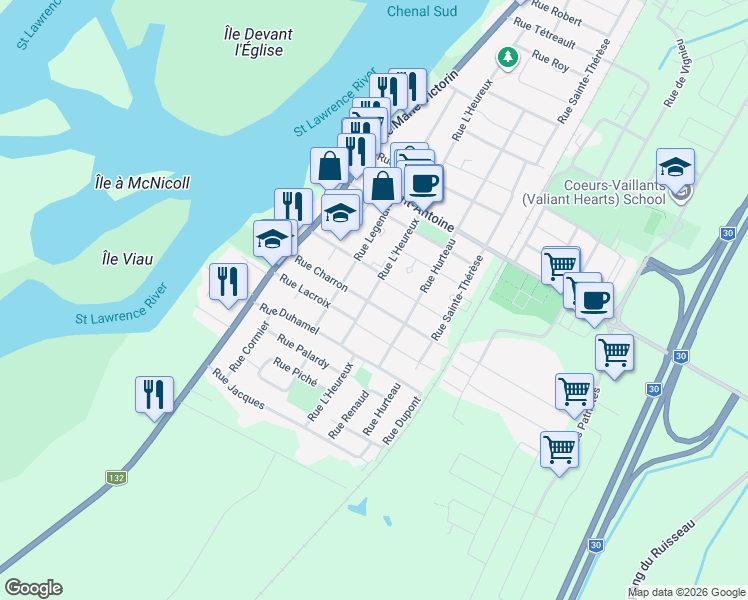 map of restaurants, bars, coffee shops, grocery stores, and more near 609 Rue Charron in Contrecoeur