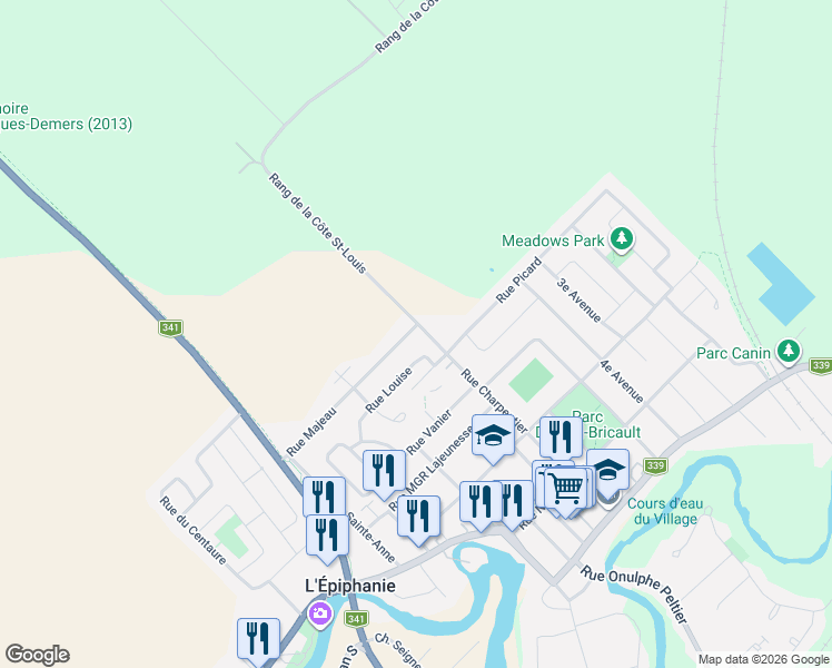 map of restaurants, bars, coffee shops, grocery stores, and more near 218 Rue Majeau in L'Épiphanie