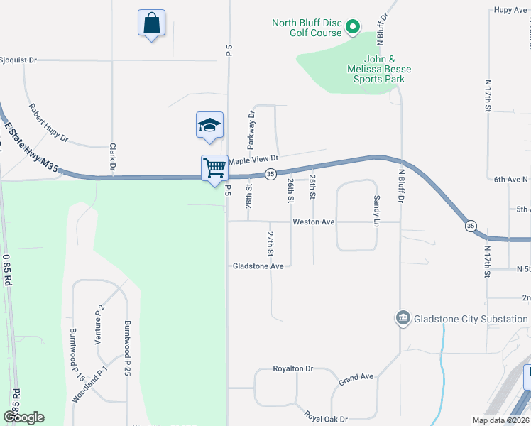 map of restaurants, bars, coffee shops, grocery stores, and more near 2702 Weston Avenue in Gladstone