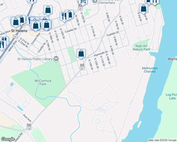 map of restaurants, bars, coffee shops, grocery stores, and more near 505 South 13th Street in St. Helens