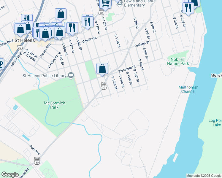 map of restaurants, bars, coffee shops, grocery stores, and more near 505 South 13th Street in St. Helens