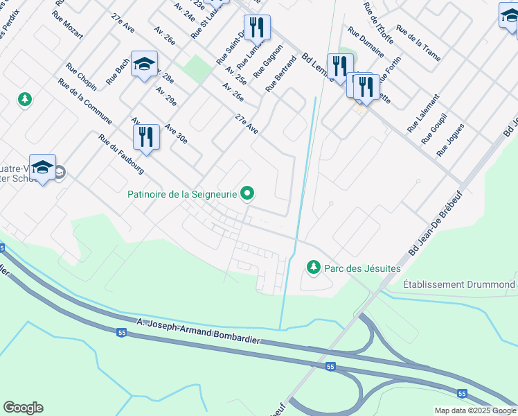 map of restaurants, bars, coffee shops, grocery stores, and more near Rue de L'Intendant in Drummondville