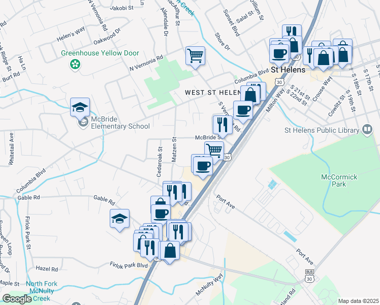 map of restaurants, bars, coffee shops, grocery stores, and more near 535 South Columbia River Highway in St. Helens