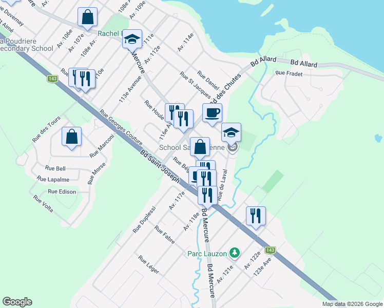 map of restaurants, bars, coffee shops, grocery stores, and more near 2251 Boulevard Mercure in Drummondville