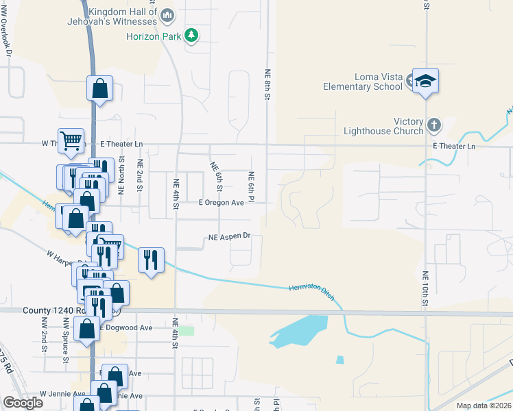 map of restaurants, bars, coffee shops, grocery stores, and more near 677 East Browning Avenue in Hermiston
