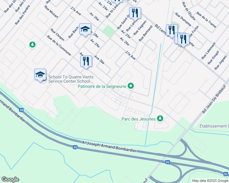 map of restaurants, bars, coffee shops, grocery stores, and more near Rue de la Commune in Drummondville