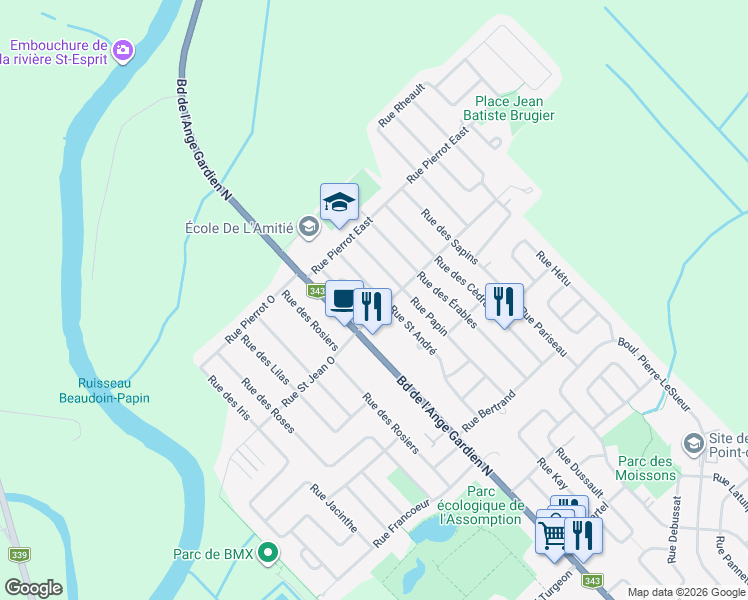 map of restaurants, bars, coffee shops, grocery stores, and more near 1529 Rue Saint André in L'Assomption