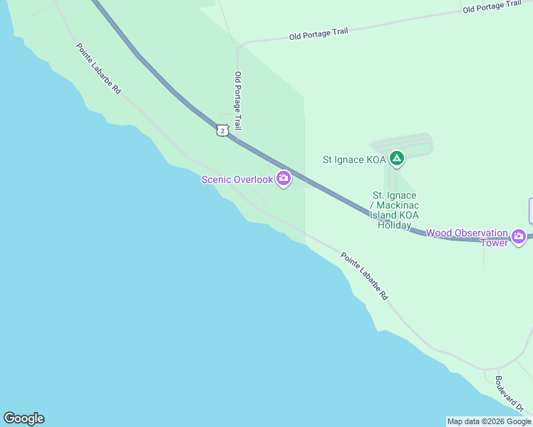 map of restaurants, bars, coffee shops, grocery stores, and more near Pointe Labarbe Road in Mackinac County