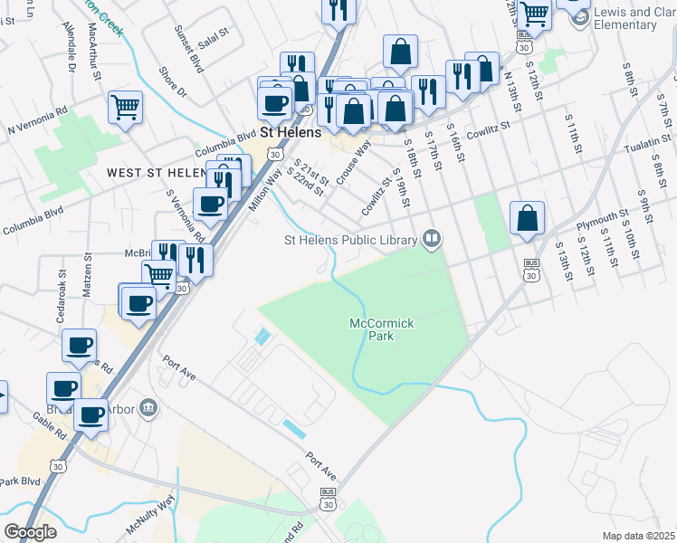 map of restaurants, bars, coffee shops, grocery stores, and more near 215 Dubois Lane in St. Helens