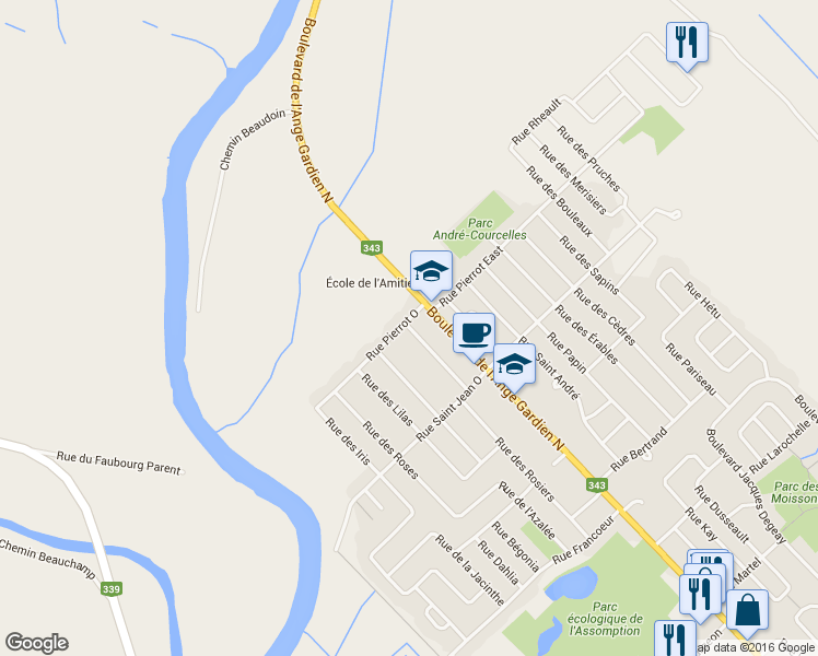 map of restaurants, bars, coffee shops, grocery stores, and more near 1580 Rosiers Street in L'Assomption