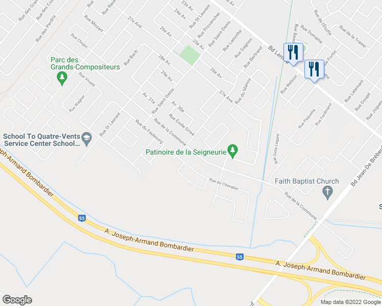 map of restaurants, bars, coffee shops, grocery stores, and more near 2611 Rue de la Commune in Drummondville