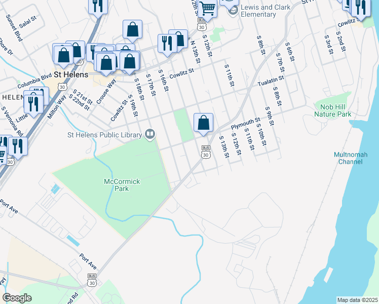 map of restaurants, bars, coffee shops, grocery stores, and more near 1521 Plymouth Street in St. Helens