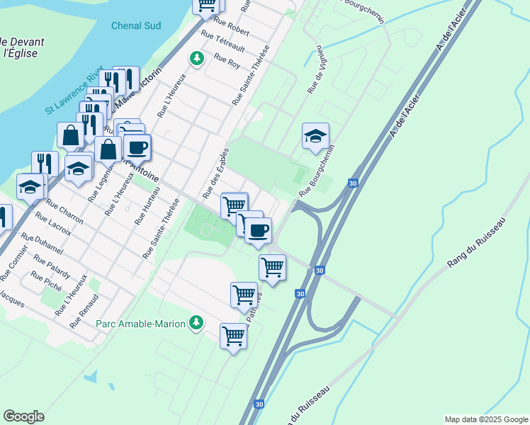 map of restaurants, bars, coffee shops, grocery stores, and more near 5060 Rue des Mélèzes in Contrecoeur