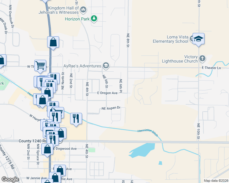 map of restaurants, bars, coffee shops, grocery stores, and more near 637 East Oregon Avenue in Hermiston