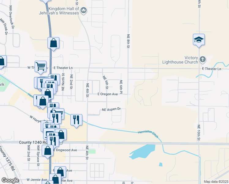 map of restaurants, bars, coffee shops, grocery stores, and more near 637 East Oregon Avenue in Hermiston