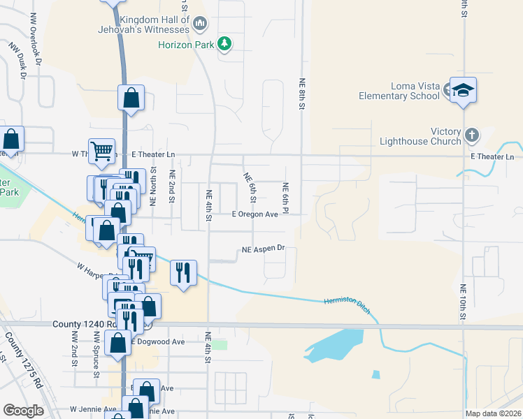 map of restaurants, bars, coffee shops, grocery stores, and more near 617 East Oregon Avenue in Hermiston