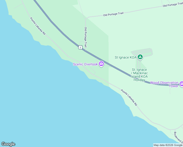 map of restaurants, bars, coffee shops, grocery stores, and more near Pointe Labarbe Road in Saint Ignace