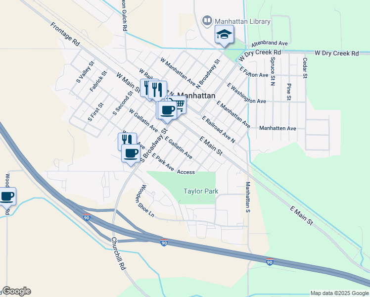 map of restaurants, bars, coffee shops, grocery stores, and more near 215 East Gallatin Avenue in Manhattan