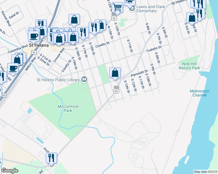 map of restaurants, bars, coffee shops, grocery stores, and more near 1521 Plymouth Street in St. Helens