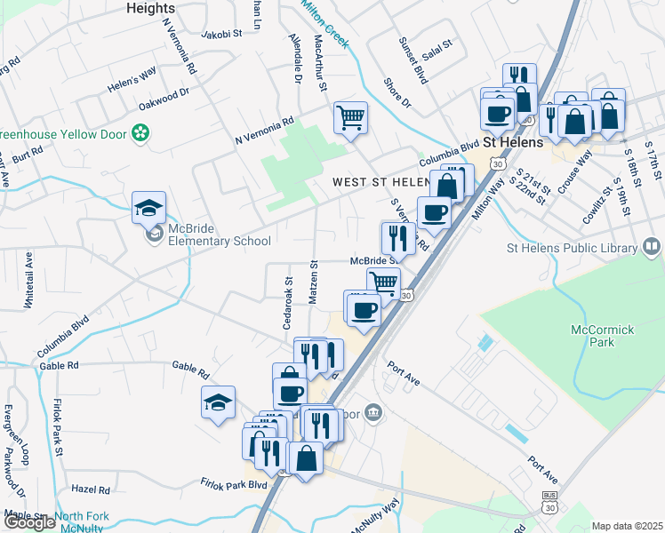 map of restaurants, bars, coffee shops, grocery stores, and more near 700 Matzen Street in St. Helens