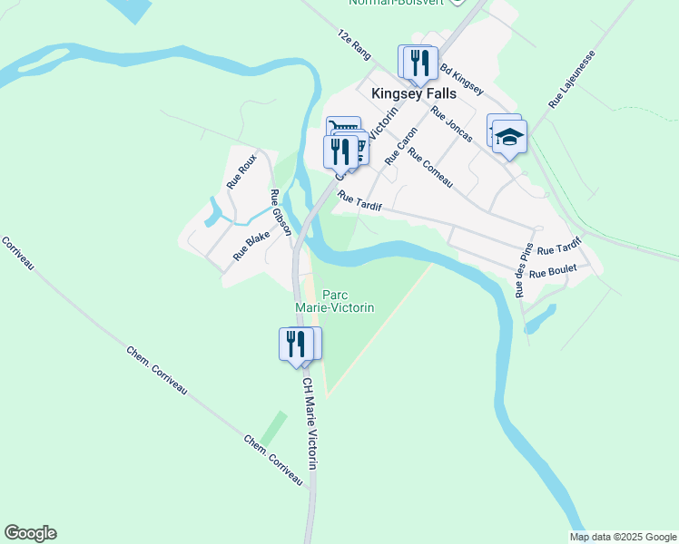 map of restaurants, bars, coffee shops, grocery stores, and more near 385 Boulevard Marie Victorin in Kingsey Falls