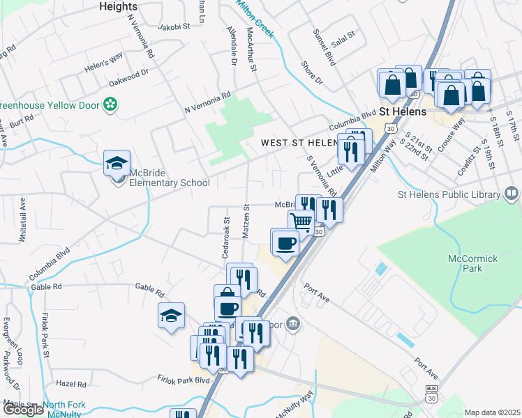 map of restaurants, bars, coffee shops, grocery stores, and more near 485 McBride Street in St. Helens