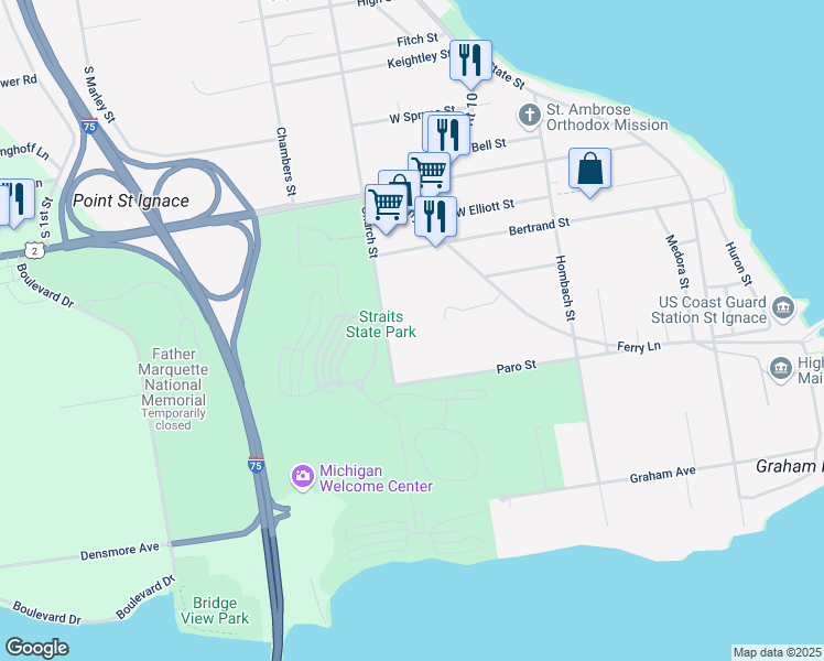 map of restaurants, bars, coffee shops, grocery stores, and more near 1049 Church Street in St. Ignace