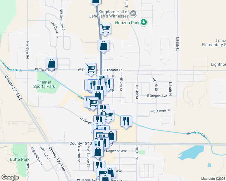 map of restaurants, bars, coffee shops, grocery stores, and more near 1750 Northeast North Street in Hermiston
