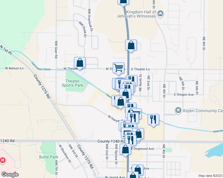 map of restaurants, bars, coffee shops, grocery stores, and more near in Hermiston