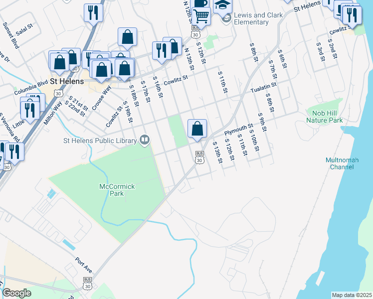map of restaurants, bars, coffee shops, grocery stores, and more near 1521 Plymouth Street in St. Helens
