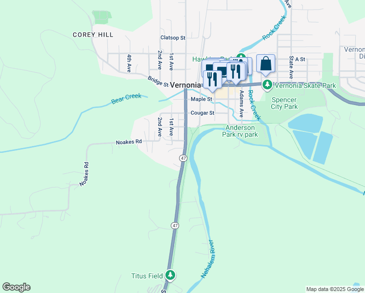 map of restaurants, bars, coffee shops, grocery stores, and more near 350 Mattie St in Vernonia
