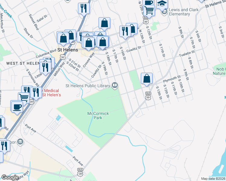 map of restaurants, bars, coffee shops, grocery stores, and more near 375 South 18th Street in Saint Helens