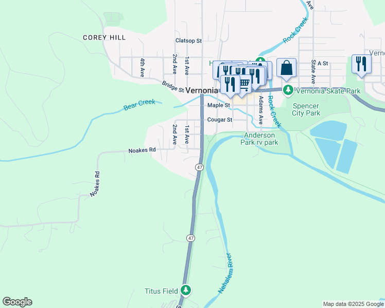 map of restaurants, bars, coffee shops, grocery stores, and more near 350 Mattie Street in Vernonia