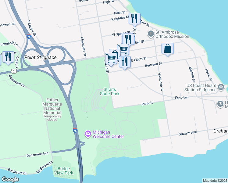 map of restaurants, bars, coffee shops, grocery stores, and more near 1049 Church Street in St. Ignace