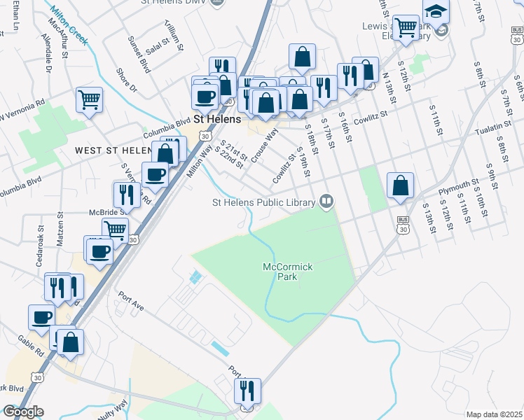 map of restaurants, bars, coffee shops, grocery stores, and more near 215 Dubois Lane in St. Helens